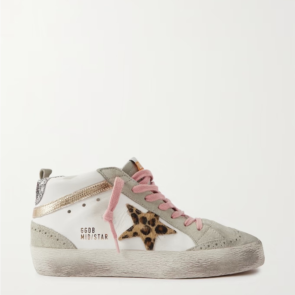Golden Goose Mid Star Sneaker White Leather/Gold/Leopard Star sz 38 New in Box - Picture 3 of 14